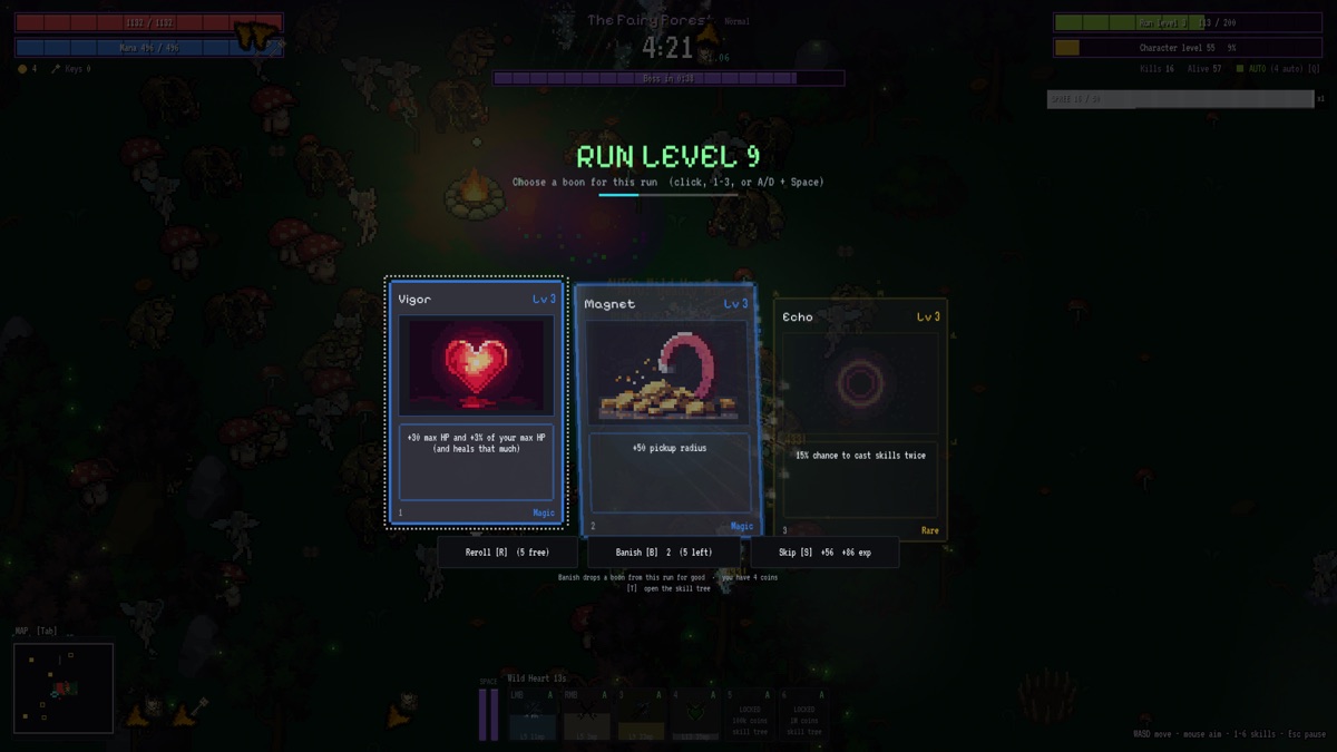 The Catacrawl level-up screen: three boon cards to choose from