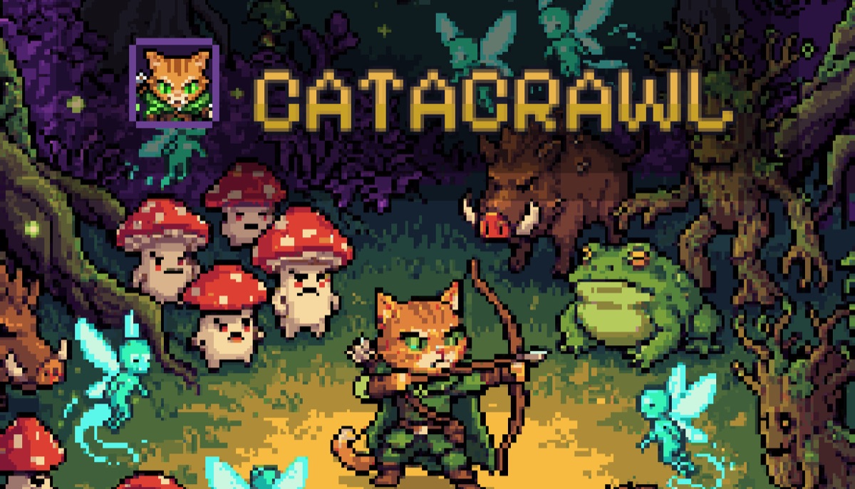 Catacrawl key art: the ranger cat drawing a bow against a horde