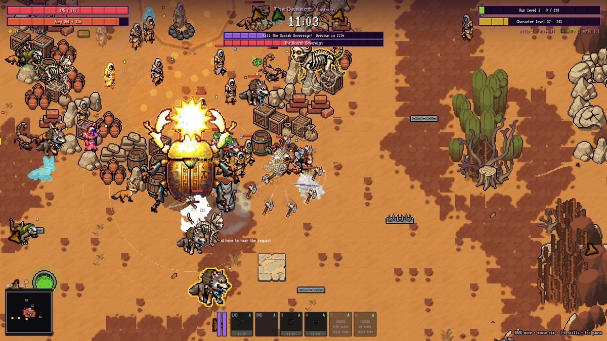 The Scarab Sovereign, a golden sun-scarab, fighting the barbarian cat in the Desert