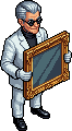 The Curator, a silver-haired gallerist in a white suit carrying a gilt frame