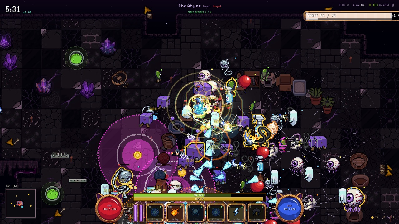 The Abyss: the ranger cat in a crowd of household horrors on cracked obsidian, glowing crystals around them