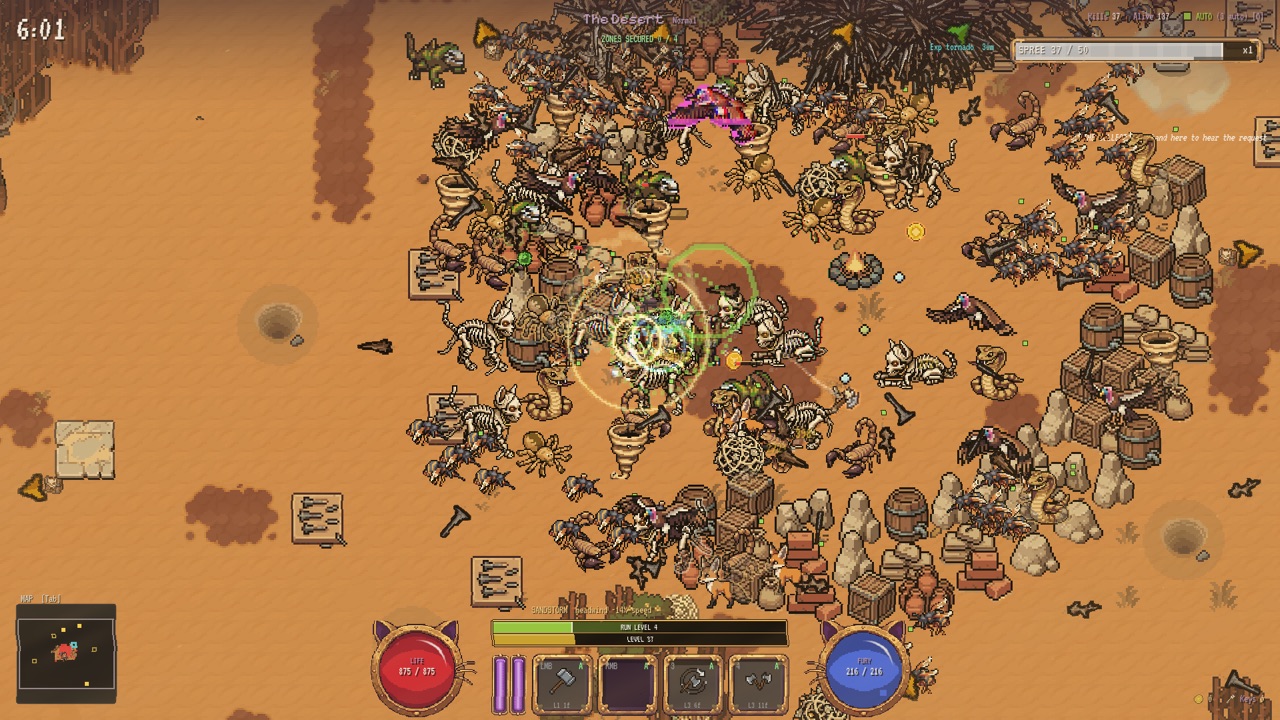 The Desert: the barbarian cat swarmed at the supply depot by skeleton cats, vipers, scorpions and vultures