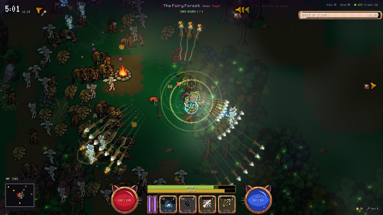 The Fairy Forest at night: the ranger cat and a horde of toadstools and pixies under the trees
